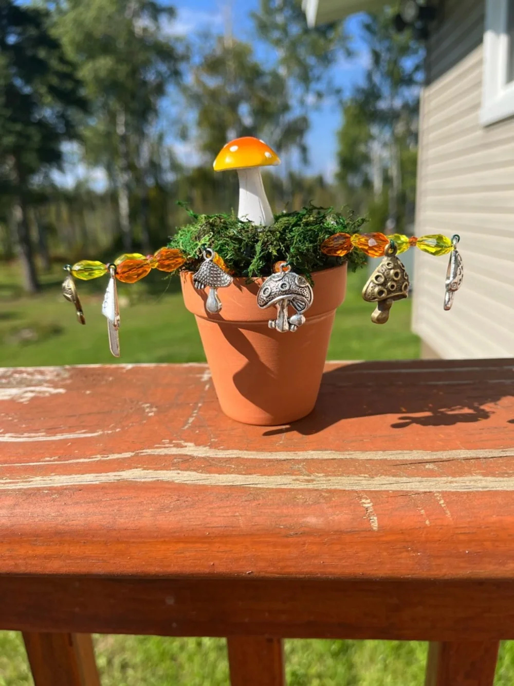 Handmade Mini Mushroom Pot with Beaded Charm Garland - Orange/Yellow